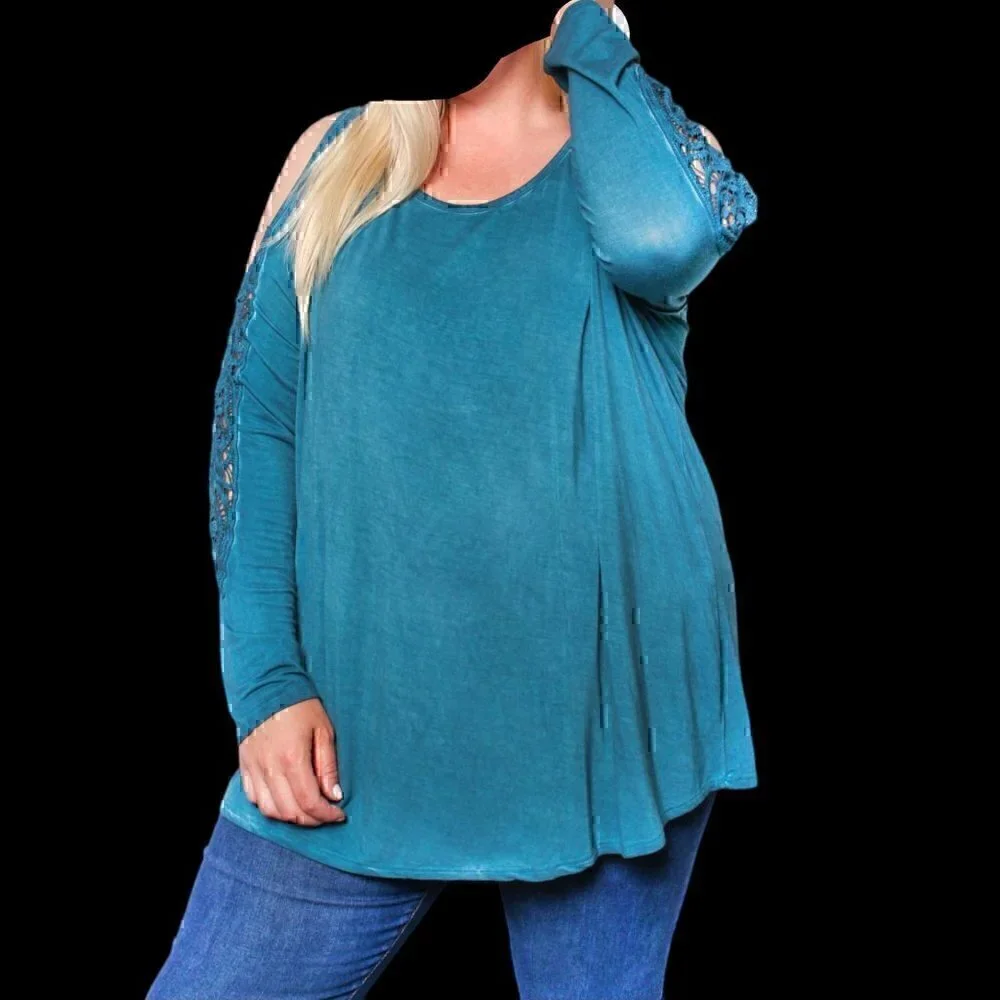 NWT - Plus Long Sleeve Teal Cold Shoulder Crochet Round Neck Solid Top - Size 1X - Picture 3 of 5